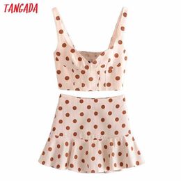 Tangada Women's Set Retro Dot Print Crop Camis Top and Match Ruffles Skirt for Summer 3H544 210609