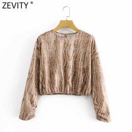 Zevity Women Vintage Animal Texture Print Short Smock Blouse Female O Neck Long Sleeve Casual Shirt Chic Blusas Tops LS7531 210603