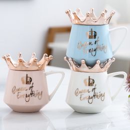 Creative Crown Ceramic Mug Pink Cute Coffee Mug Nordic Milk Cup with Spoon Lids Coffee Cup Water Mugs Holiday Souvenirs Gift 113 V2