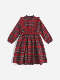 Toddler Girls 1pc Tartan Print Ruffle Trim Mock Neck A-line Dress SHE