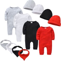 Spring long sleeves Baby rompers cotton Solid childern 3pcs newborn hats Baby bib boy girls clothes sets 210309
