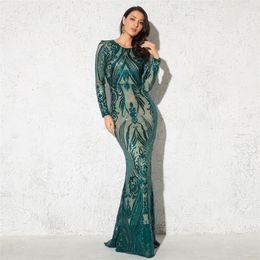 Long Sleeve O Neck Green Stretchy Geometric Sequin Party Dress Floor Length Bodycon Elegant Maxi Dress Burgundy 201028