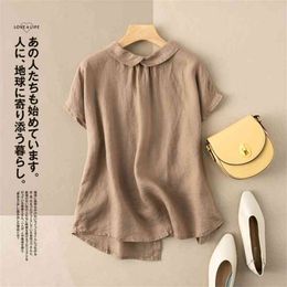 Summer Fashion Women Short Sleeve Loose Shirts All-matched Casual Peter Pan Collar Cotton Linen Blouse Plus Size M156 210719