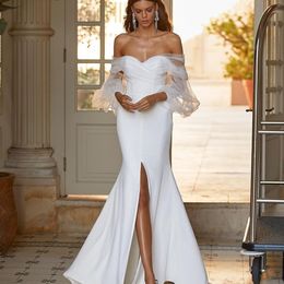 Elegant Satin Mermaid Wedding Dress Front Split Off the Shoulder Sheer Long Sleeve Bridal Gowns Modest vestido de novia