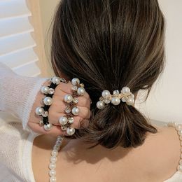 New Women Elegant Pearls Rhinestone Scrunchie Ponytail Hold Hair Bands Headband Hair Tie Rubber Bands Fashion Hair Accessories