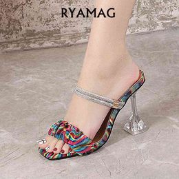 Sandals RYAMAG Women Heel Slippers Rhinestones Flip flop Fashion High Heels big Size 45 46 Catwalk Women's Shoes New Summer 220121