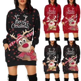 Hoodies Women Fashion Casual Merry Christmas Prints Bag Hip Pocket Long Sleeves Sweatshirts Mini Dress With Pockets Sudaderas Y1118