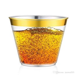 9oz 일회용 항공 컵 금색 림 처리 가능한 두껍게 하드 플라스틱 항공사 컵 PS 음료 컵 파티 웨딩 주방 용품 XDH1094