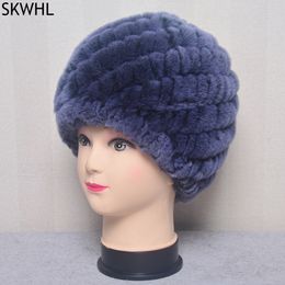 Fashion Women's Cap Real Rex Rabbit Winter Fur Hat For Russian Fur Knitted Headgear Warm Beanie Hats