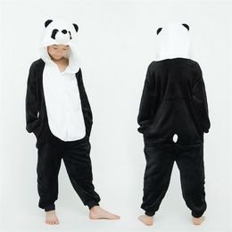 3D Panda Flannel Children Cartoon Pajamas Sets Winter Hooded Animal Stitch Kids For Boys Girls Sleepwear Onesies 211130