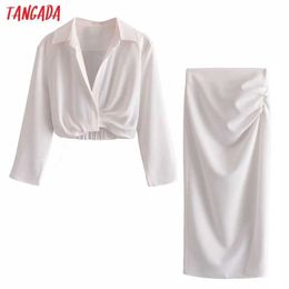 Tangada Women's Set Retro Female Elegant White Loose Crop Shirt Top and Match Midi Skirt 3H545 210609