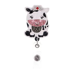 Cute Key Ring Animal COW Rhinestone Retractable ID Holder For Nurse Name Accessories Badge Reel With Alligator Clip2374