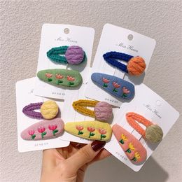 2 Pcs New Korean Sweet Girl Fashion Cute Woollen Button BB Clip Hair Accessories Children's Embroidery Flower Hairpin Headdress