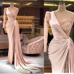 Blush Pink Arabic Prom Dresses Mermaid One Shoulder Illusion Lace Appliques Crystal Beading Side Split Formal Evening Gowns Party Dress Long Sleeve 403