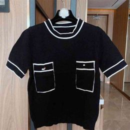 Women Wool T-Shirt Female Knitting Luxury Brand Tops Ladies High Quality Fashion Plaid Letter Casual Embroidery Tees 210623