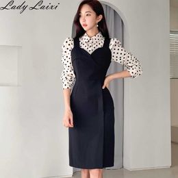 Spring Two Piece Sets Female Cloth Dot Blouse + sleeveless Black bodycon Pencil dress Women's Office OL Suits 210529