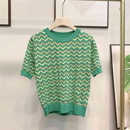 Casual Hollow Out Stripe Knitted Short Sleeve Tops Women Summer Thin T-Shirt Fashion Plus Size 4XL O-Neck Tees Female 210720
