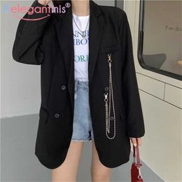 Aelegantmis High Street Blazer Women Vintage Fashion Suit Jacket Chain Black Loose Double Breasted Coats Female Outwear 210607