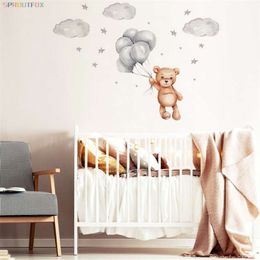 Urso encantador com quarto de ballon adesivos de parede para crianças Quartos Meninas Decoração de berçário Nuvem Estrelas Viny Mural Adesivos 210929