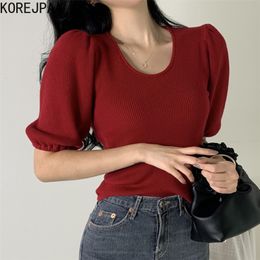 Korejpaa Women T-Shirt Summer Korea Chic Temperament All-Match Thinner U-Neck Pit Strip Solid Color Puff Sleeve Knitted Top 210526