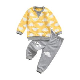 2 Pieces Kids Suit Set Cartoon Dinosaur Print Round Neck Long Sleeve Pullover+ Trousers for Boys G1023