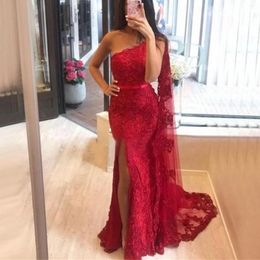 Mermaid Prom Dresses One Shoulder With Straps Front Split lace Appliques Waist Aso Ebi Plus Size Evening Dress For Women Long Special Occasion Gowns