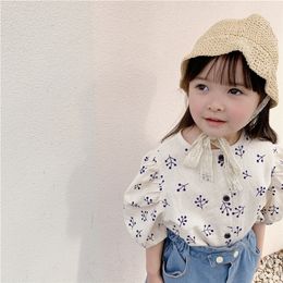 Japanese style girls puff sleeve floral shirts linen loose single-breasted printing shirt clothes 210306