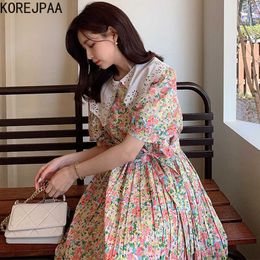 Korejpaa Women Dress Summer Korean Chic Age-Reducing Sweet Hollow Doll Collar Lace-Up Floral Puff Sleeve Pleated Vestidos 210526