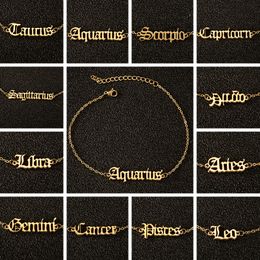 Wholesale Zodiac Sign Punk Charm Anklets 12 Constellation Classic Letter Ankle Bracelet Stainless Steel Jewelry Women Gift