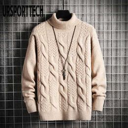 URSPORTTECH Turtleneck Mens Wool Knit Pullover Sweater Male Oversized Turtle Neck Twisted Pattern Men Sweter Pull Jumper 211221
