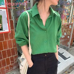 Aelegantmis Vintage Korean Women Solid Green Blouse Shirt Spring Stylish Retro Female High Street Long Sleeve Fashion 210607