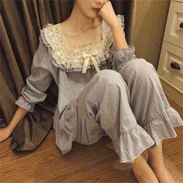 Womens Lolita Flower Embroidery Lace Square Neck Pajama Sets.Vintage Lady Cotton Grey Pyjamas Set.Sleep Loungewear Nightclothes 210809