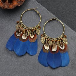 Dangle & Chandelier Vintage Blue Feather Earrings For Women Ethnic Long Tassel Pendant Big Round Hanging Female Bohemia Pendientes Brincos