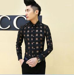 Men's Casual Shirts Men's Wholesale- Fashion Chiffon High Quality Men Shirt Sexy See Through Clothes Plus Size Dresses White Black1