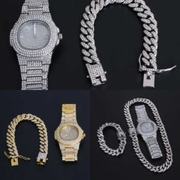 Gold Necklace + Watch + Men's Hip-hop Bracelet, Miami Cuba Chain Store, Ice Water Diamond, Glittering Jewelry, Rap Singer, Novelty 2020 Q0809