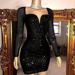 Black Sequins Short Prom Dress Mermaid Long Sleeves Cocktail Gowns Country Garden Party Gowns African Evening Wear