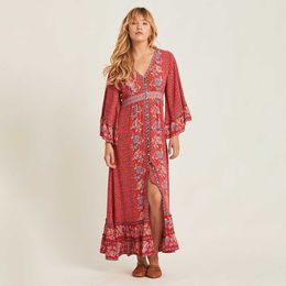 Boho Red Loose Maxi DrWomen 2020 3/4 Sleeve Vneck Vintage Chic Dresses Summer Clothes Beach Party Floral Hippie Long Dress X0621
