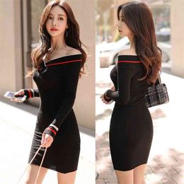 Sweater Dress for women Winter Long Sleeve Off shoulder V neck knitted Sexy ladies striped causal Koran Party Dresses 210602