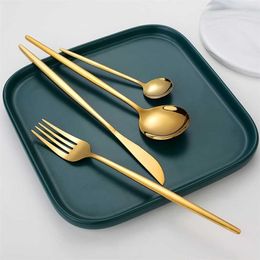 4pcs Gold Dinnerware Set Stainless Steel Black Knife Fork Spoon Teaspoon Cutlery Kitchen Silverware 211108