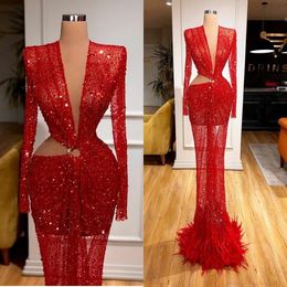 red evening gowns deep v neck lace sequins feather mermaid prom dress long sleeve formal robe de soire