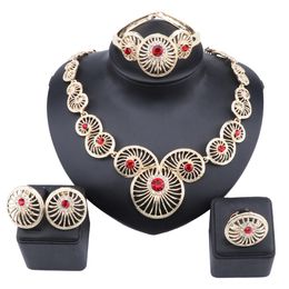 Women Bridal Necklace Earrings Bangle Ring Set With Rhinestones Red Crystal Fashion Wedding Party Jewellery Sets