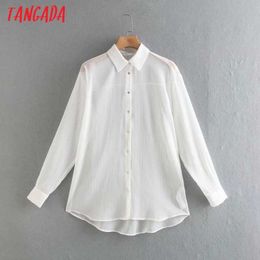 Tangada Women Golden Yarn White Shirt Long Sleeve Turn Down Collar Chic Female Tops Blusas XN193 210609