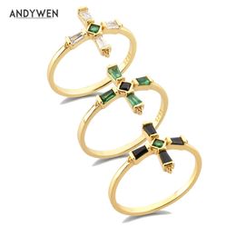 ANDYWEN 925 Sterling Silver Cross White Green Black Ring Size Women Luxury Slim Jewellery For Rock Punk Wedding Gift 210608