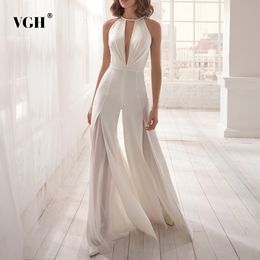VGH Elegant Hollow Out Sexy Jumpsuit For Women O Neck Sleeveless High Waist Wide Leg Pants Jumpsuits Summer Fashion New 210317
