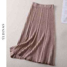 Yedinas Winter Skirt Elastic Waist Elegant Long Knitted High Pleated For Office Ladies Knee Length 210527