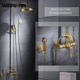 Shower Faucets Luxury Brass Rain Shower Set Dural Handle Wall Mount Gold Bathroom Faucet With Slide Bar Bathtub Faucet R45-512244J