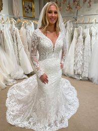 Fully Lace Bridal Wedding Dress 2022 Mermaid Long Sleeves vestidos de novia Chapel Train Garden robe de mariee Illusion Back Custom-Made