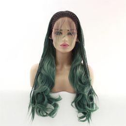 HD Box Braided Curly Synthetic Lace Front Wig Green Color Simulation Human Braiding Hair Frontal Long Braids Wigs 191120-2610