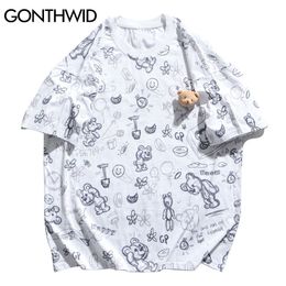GONTHWID Tees Shirts Harajuku Graffiti Flowers Cartoon Bears Tshirts Streetwear Hip Hop Fashion Casual Cotton Short Sleeve Tops C0315