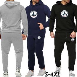 Autumn Winter Fashion Jott Printed Design Men's Clothing Solid Color Hooded Sweater + Jogging Leisure Pants Tracksuit 211220